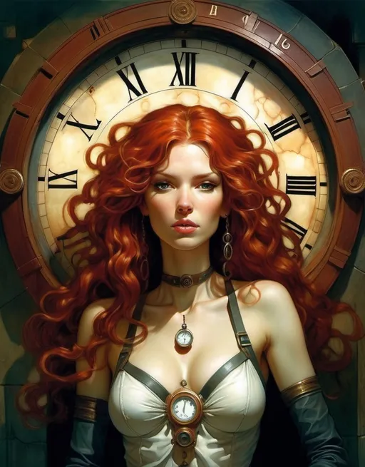 Prompt: Lynia Tempus, The Sorceress Of Time And Space, beautiful, well endowed, red hair, curls, a halo of clocks behind her by Ben Templesmith