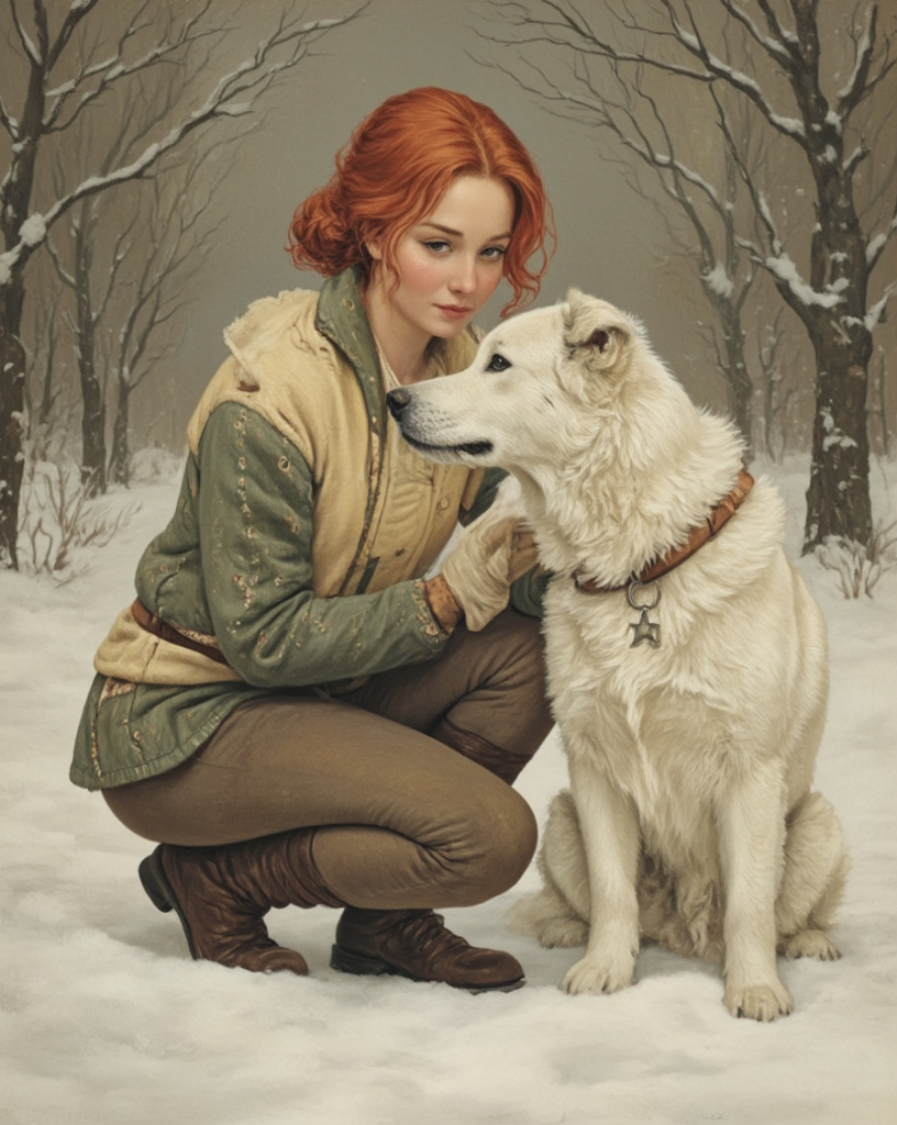 Prompt: Tintin as a beautiful well endowed redhead with her faithful dog Snowy 