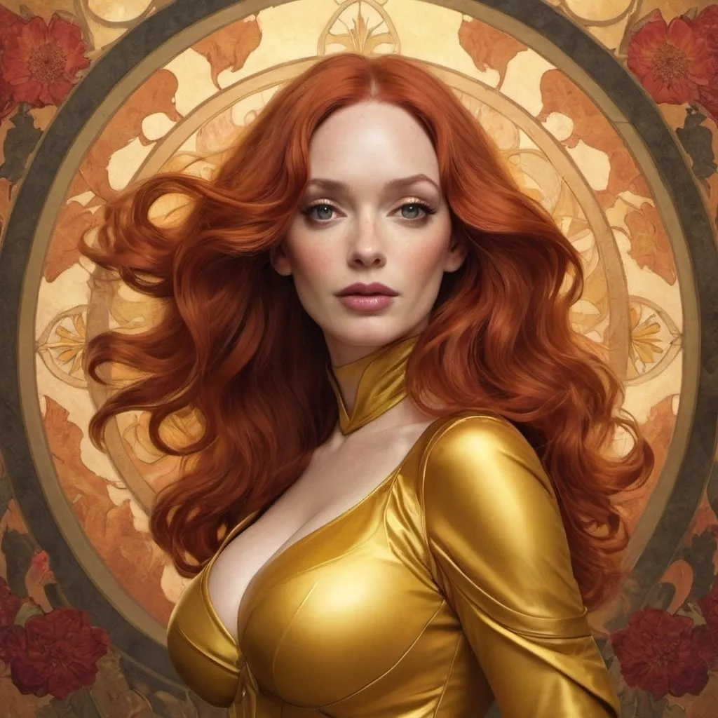 Prompt: Christina Hendricks as Jean Grey Dark Phoenix by Alphonse Mucha 