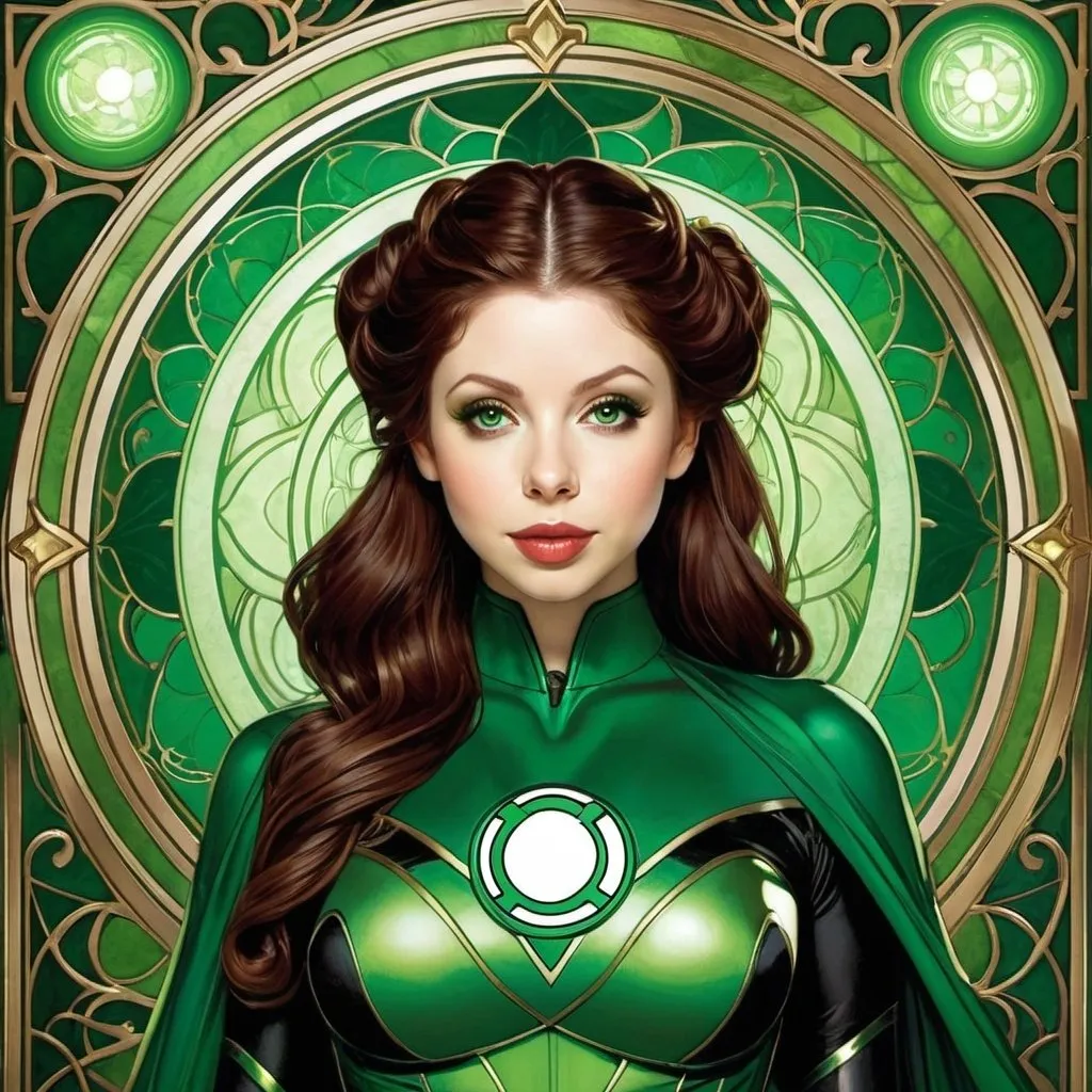 Prompt: Michelle Trachtenberg as Green Lantern by Alphonse Mucha