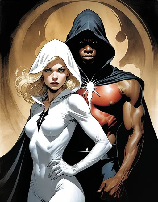 Prompt: Marvel Comics Cloak And Dagger, white female and hooded black male, detailed, dark colors, dramatic, graphic novel illustration,  2d shaded retro comic book by Ben Templesmith