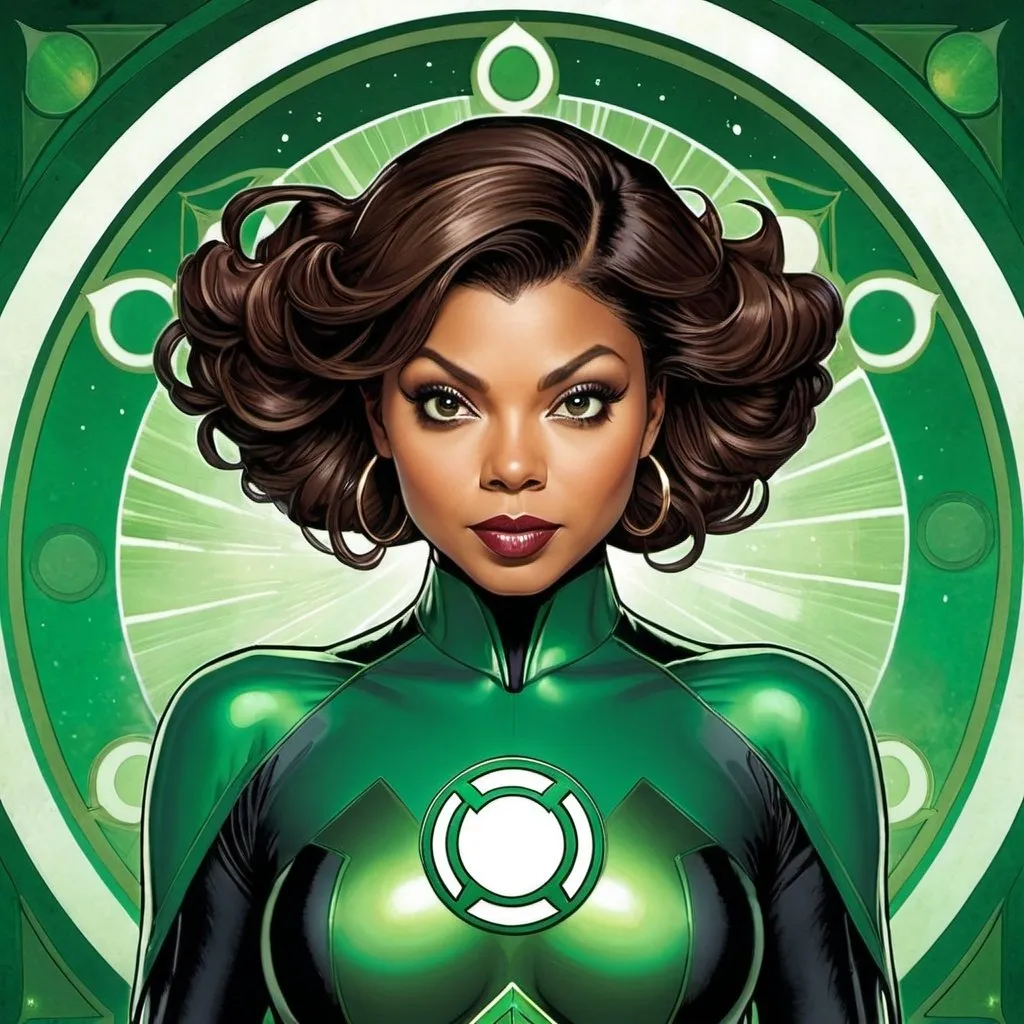 Prompt: Taraji P. Henson as Green Lantern by Alphonse Mucha