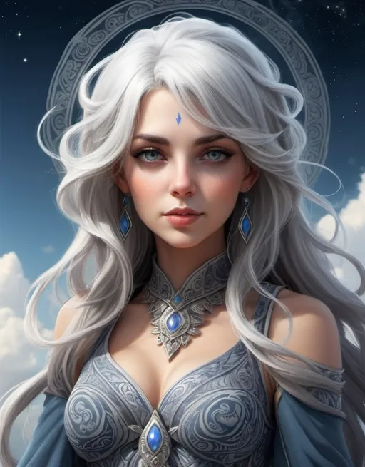 Prompt: Elodie, The Sky Sorceress, beautiful, well endowed, grey hair, paisley patterns, daughter of the sun.