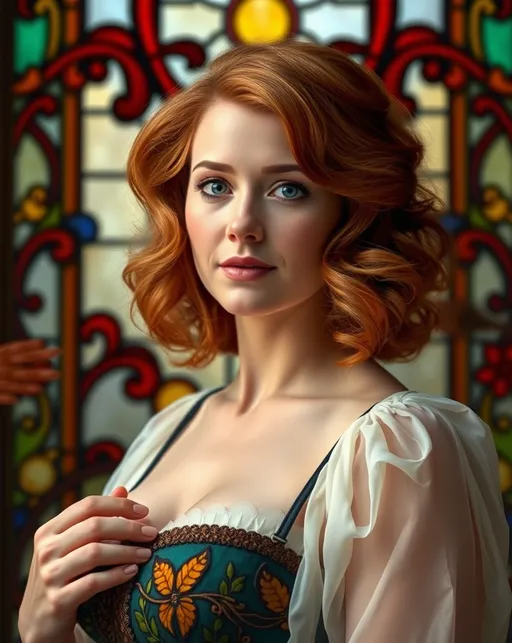 Prompt: Harriet New-Year, beautiful, auburn hair, well endowed, stained glass backdrop, bringing 2025 to the world.