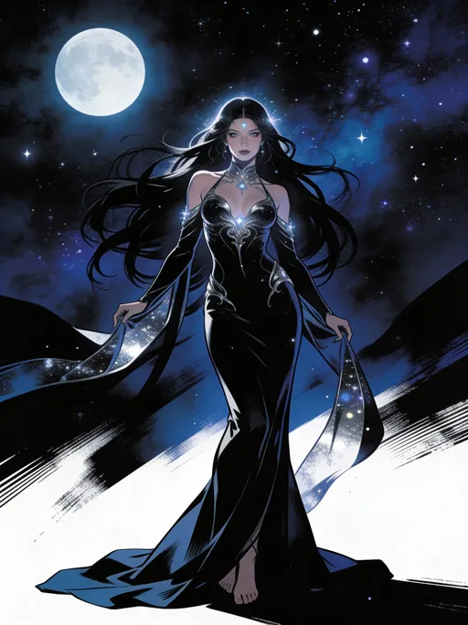 Prompt:  Goddess, guardian of the night, haunting, beautiful, well endowed, Morphea Mistress Of Dreams, flowing black hair, celestial aura, starry night background with full moon, surreal, mystical, slightly ominous atmosphere, high-contrast lighting, hues of deep blues and blacks with touches of silver, dramatic shadows, ethereal light,  her presence captured in ultra-detailed, high-contrast scenes with cinematic lighting, rich dark colors, and a dramatic full-body pose straight out of a graphic novel.