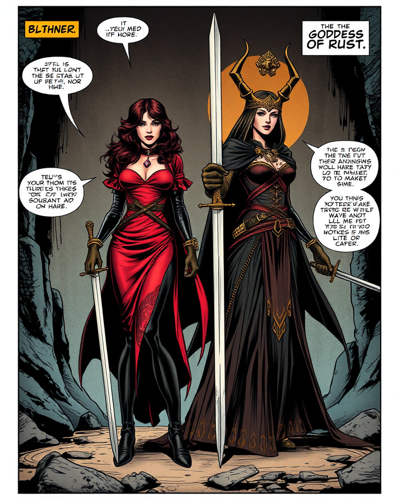 Prompt: Lady Knight a woman in a red dress and The Goddess Of Rust a woman in a black dress are standing next to each other with swords, a comic book panel by John O'Connor detailed, dark colors, dramatic, graphic novel illustration,  2d shaded retro comic book