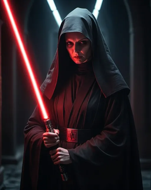 Prompt: (nun sith lord), dark and intricate robes draping softly, menacing presence, glowing red lightsaber ignited, cloaked figure in sinister posture, contrasting deep shadows and sharp highlights, (highly dramatic), ominous atmosphere surrounding, (4K), dark and eerie background with faint celestial elements, (cinematic, ultra-detailed)