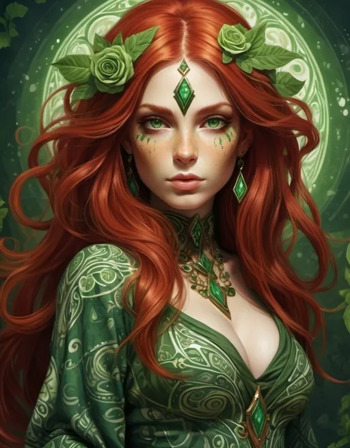 Prompt: Jesamine Flowerchild, elemental sorceress, beautiful, well endowed, red hair, green paisley patterns, emerging from the earth to save mankind from dark forces