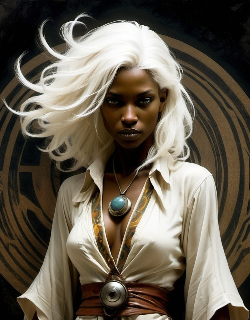 Prompt: Mage Ivory, bohemian, beautiful, white hair, well endowed, Earth's paranormal protector against the forces of darkness by Dave McKean