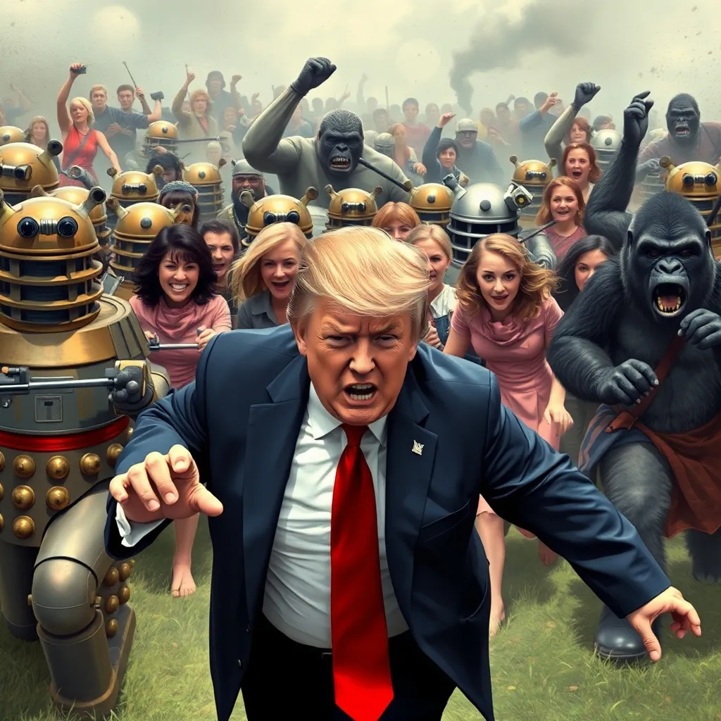 Prompt: Donald Trump being chased by an angry mob of Daleks, women and gorillas