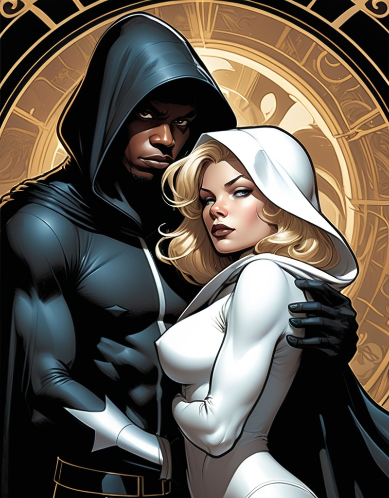 Prompt: Cloak and Dagger from Marvel Comics, dynamic composition featuring a beautiful, well-endowed white female in a stunning costume, alongside a hooded black male in all-black attire, dramatic dark colors, detailed graphic novel illustration, iconic 2D shaded retro comic book style, inspired by Alphonse Mucha's unique aesthetic, emphasizing emotion and depth, ultra-detailed, rich textures, captivating ambiance.