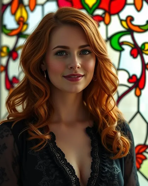 Prompt: Harriet New-Year, beautiful, auburn hair, well endowed, stained glass backdrop, bringing 2025 to the world.