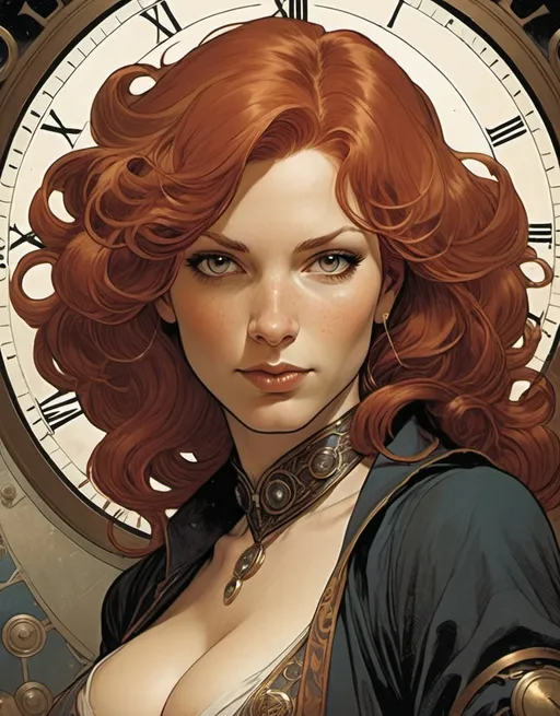 Prompt: Lynia Tempus, The Sorceress Of Time And Space, beautiful, well endowed, red hair, soft curls, soft gentle smile, a halo of clocks behind her, detailed, dark colors, dramatic, graphic novel illustration,  2d shaded retro comic book by Adam Hughes
