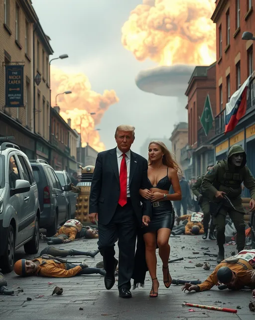 Prompt: Donald Trump walking down an apocalyptic war torn high street with his well endowed girl friend. There are corpses everywhere with Daleks, zombies, Russian troops and a nuclear bomb exploding in the background.