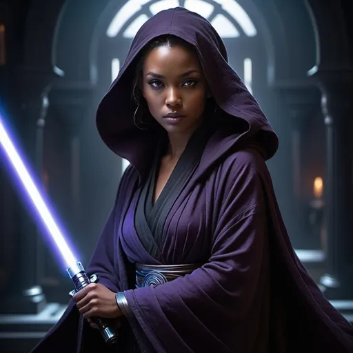 Prompt: (Dark female Jedi), striking beauty, well-endowed figure, intense gaze, elegant robes cloaked in shadows, deep purple and black hues, dramatic lighting creating a mysterious ambiance, lightsaber glowing with a faint blue hue, intricate detailing on the robes, powerful pose evoking strength, high-quality details, cinematic fantasy style, ethereal and captivating atmosphere.