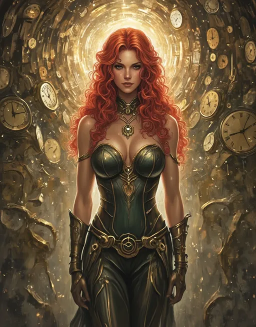 Prompt: Lynia Tempus, The Sorceress Of Time And Space, beautiful, well endowed, red hair, curls, a halo of clocks behind her.