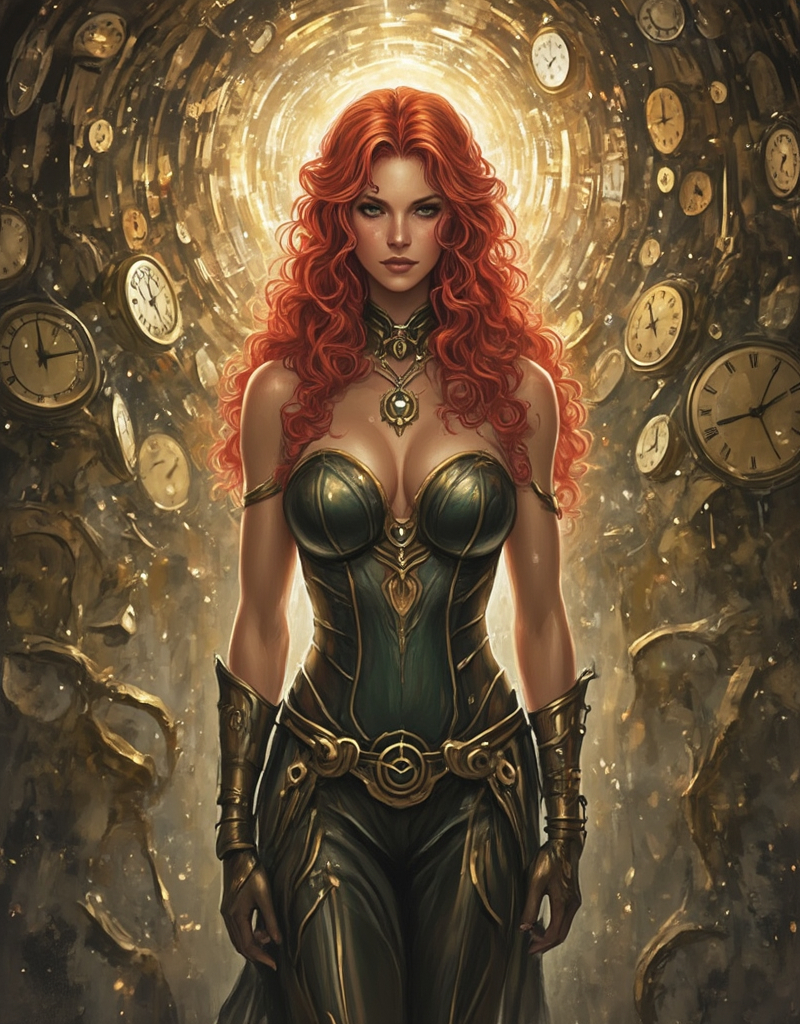 Prompt: Lynia Tempus, The Sorceress Of Time And Space, beautiful, well endowed, red hair, curls, a halo of clocks behind her.