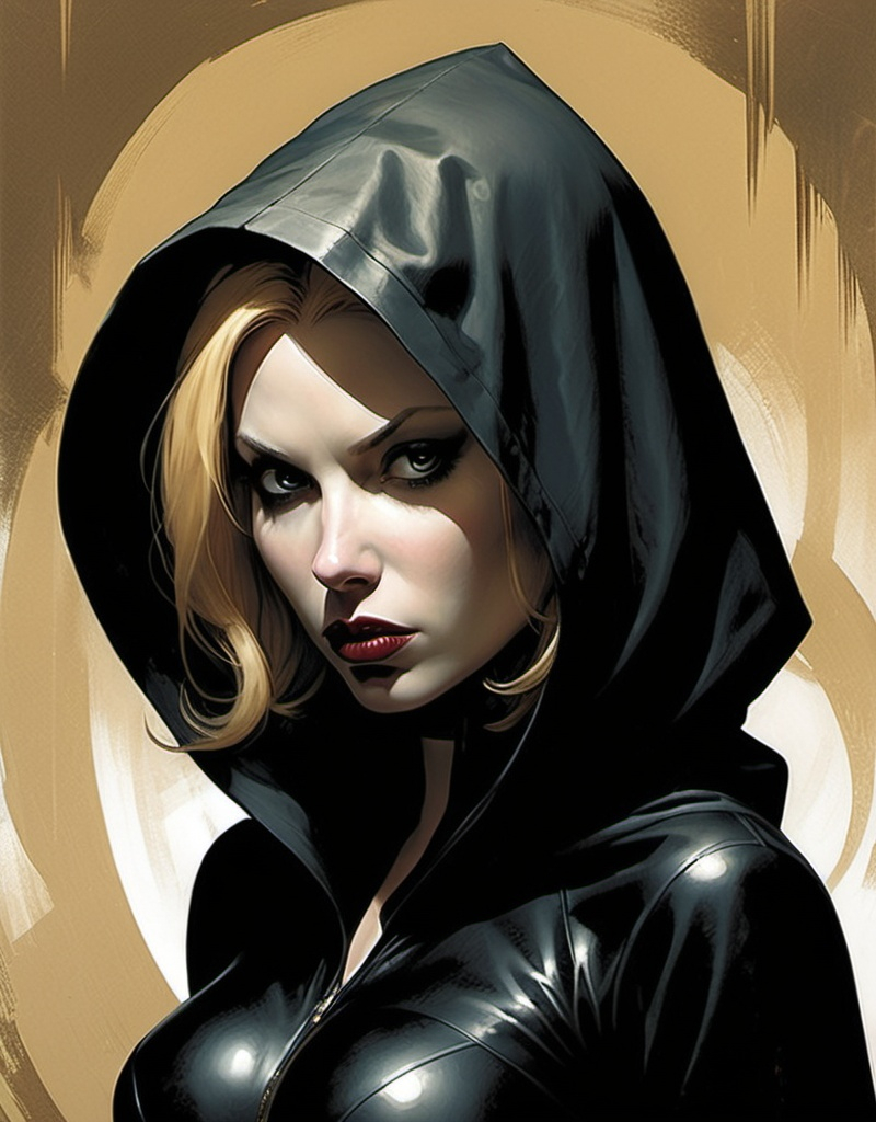 Prompt: Claire Voyant, anti-hero, dark spirit from Hell, blonde, beautiful, well endowed, cloaked, hooded, known to the world as the paranormal Golden Age Black Widow by Dave McKean
