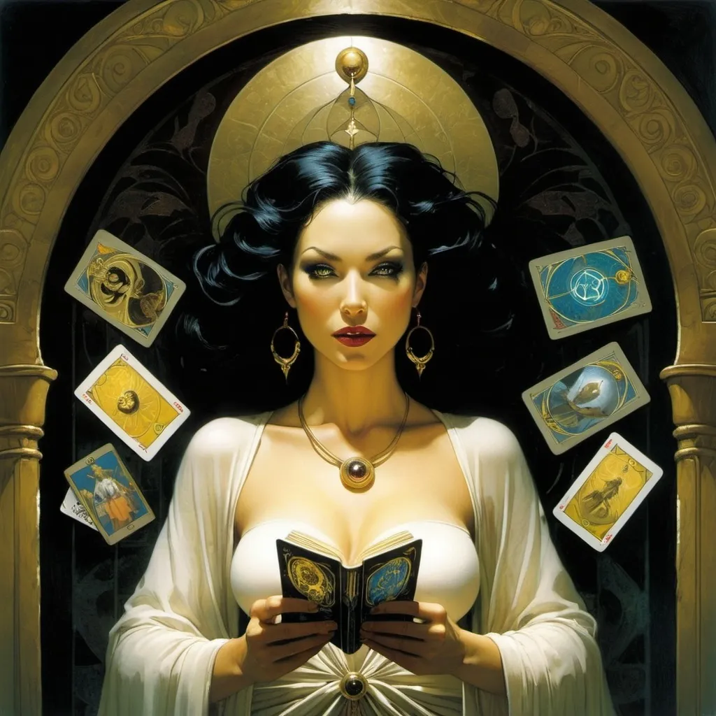 Prompt: Keeper of the Doorway To Nightmare, immortal, seer, the beautiful, well endowed Madame Xanadu with a halo of Tarot cards behind her, by Dave McKean
