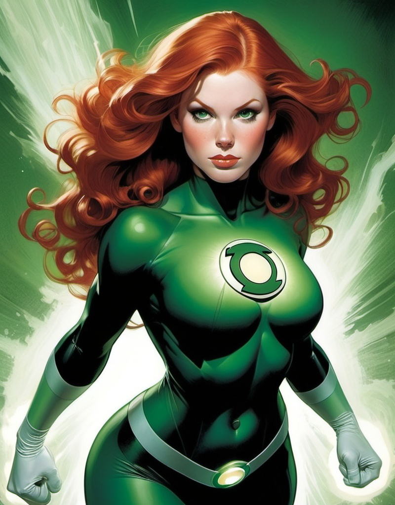Prompt: Shauna Murphy, beautiful redhead, soft curls, well endowed, curves, as a Green Lantern showing the full extent of her powers in flight by Adam Hughes