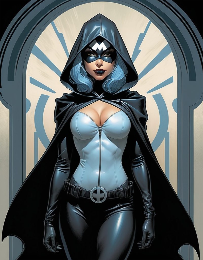 Prompt: Tara Grant, the hooded superhero vigilante known as Moonglow, beautiful,  soft gentle smile, well endowed, raven / pale blue hair, domino mask, art deco lunar patterns, hero,  full body pose, the bringer of justice in the night against the forces of evil  by Adam Hughes