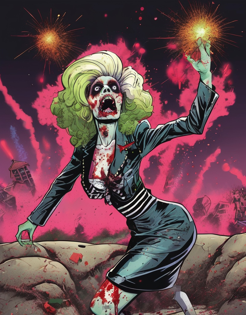 Prompt: Zombie drag queen New Year's party girl, exploding from the grave