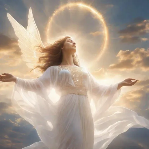 Prompt: From the Kingdom of Heaven, a beautiful female figure in transparent white appears in the sky with the light of the sun in her hands.
