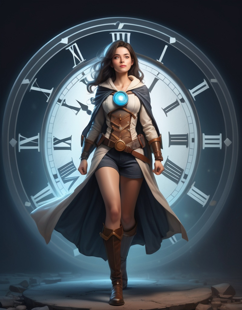 Prompt: A beautiful young time travelling female hero called Mother Time, full body pose