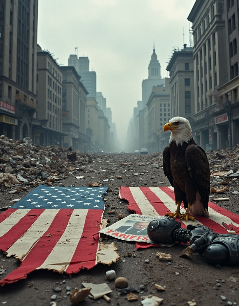 Prompt: A view of a destroyed major city after a nuclear apocalypse or trade war, in the background there is trash, destroyed and abandoned buildings, debris and dust, destroyed cars, the sky is grey dark and cloudy, the streets are empty with no people,  in front view is a very large ripped American flag on the ground and a newspaper with a headline that reads "TARIFFS!", there is a torn picture of Donald Trump, near the flag is an Eagle standing and looking down at the flag with a sad look, the flag is ripped in half, despair, defeat, end of a war, there is a damaged burned hi tech robot cyborg laying on the ground near the flag, the robots head is slightly cracked. A respectful remix.