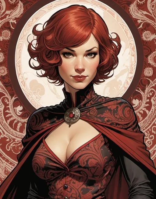 Prompt: Mage Crimson, paisley patterns, short 
 red hair, soft curls, well endowed, gentle smile, bohemian heroine of the night, here to save the world from dark magic, detailed, dark colors, dramatic, graphic novel illustration, 2d shaded retro comic book by Adam Hughes