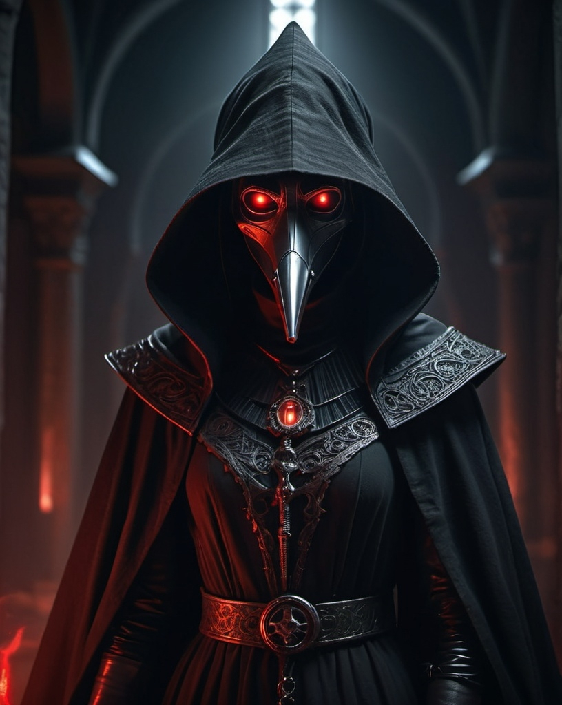 Prompt: (sith lord plague doctor), female, dark, menacing aura, intricate robes blending ancient and modern motifs, a twisted mask with sharp beak, glowing red eyes piercing through shadows, dramatic contrasts of light and darkness, ominous atmosphere, gothic themes, medieval background elements, (highly detailed), (4K), cinematic composition, eerie ambiance, conveying power and mystery.