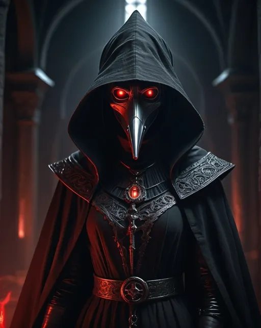 Prompt: (sith lord plague doctor), female, dark, menacing aura, intricate robes blending ancient and modern motifs, a twisted mask with sharp beak, glowing red eyes piercing through shadows, dramatic contrasts of light and darkness, ominous atmosphere, gothic themes, medieval background elements, (highly detailed), (4K), cinematic composition, eerie ambiance, conveying power and mystery.