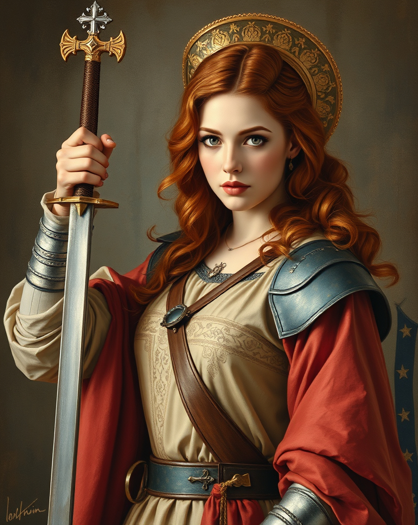 Prompt: Saint Joan of Arc, beautiful, auburn hair, well endowed, sword wielding hero