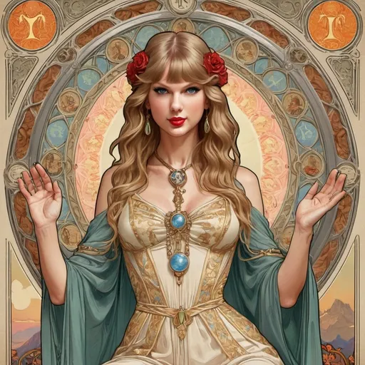 Prompt: Taylor Swift as The Hierophant Rider-Waite Tarot card by Alphonse Mucha