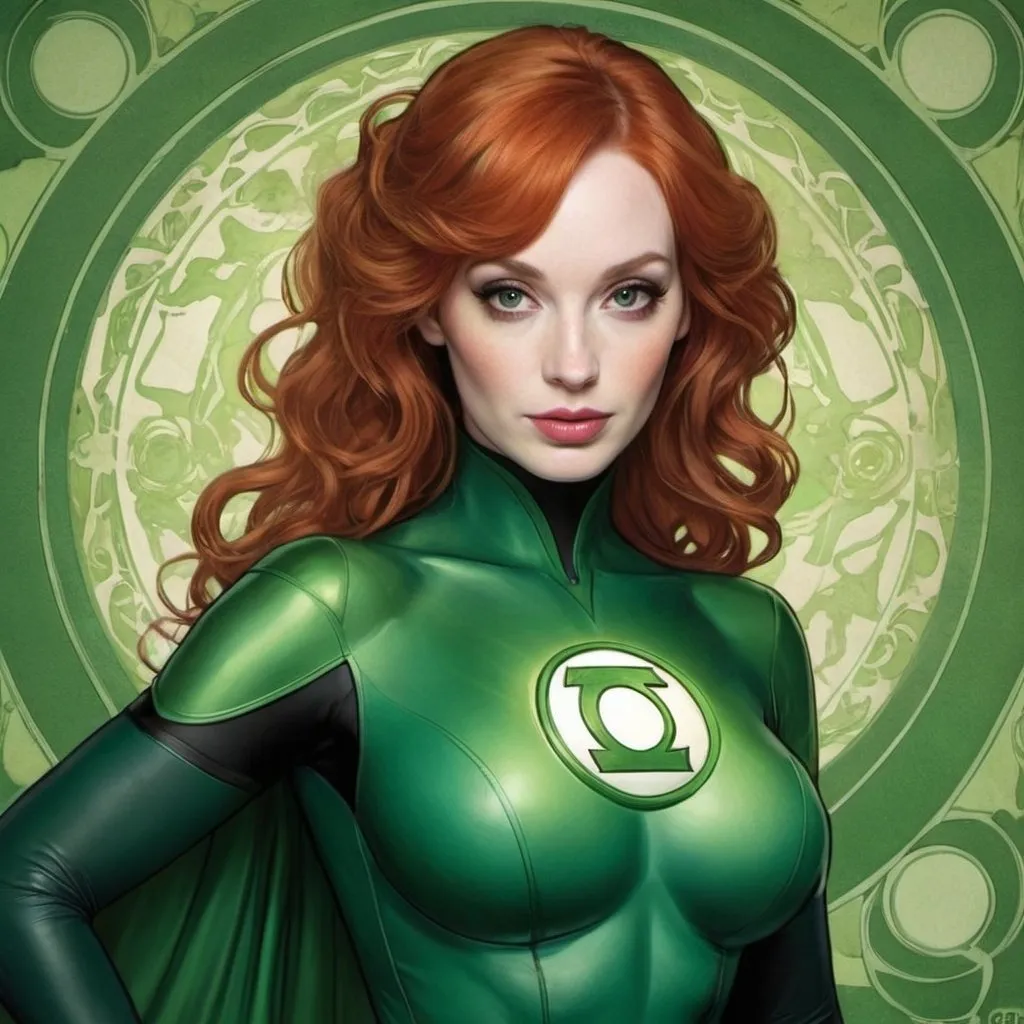 Prompt: Christina Hendricks as Green Lantern by Alphonse Mucha 