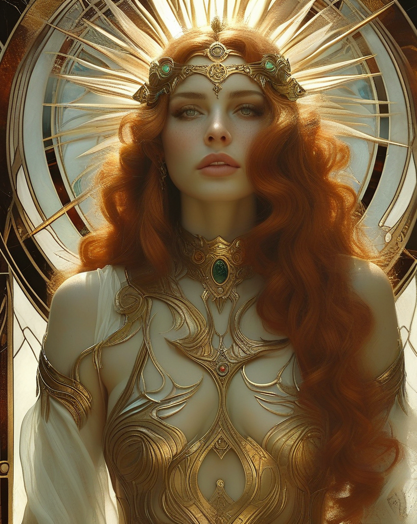 Prompt: Helia Helene, sun sorceress, beautiful, well endowed, auburn hair, art deco patterns, hero, the bringer of light against the forces of darkness.