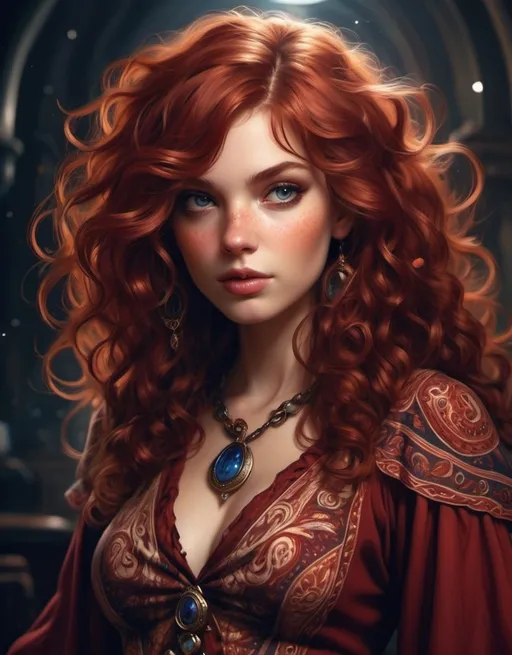 Prompt: Mage Crimson, paisley patterns, auburn hair, curls, well endowed, bohemian heroine of the night, here to save the world from dark magic.