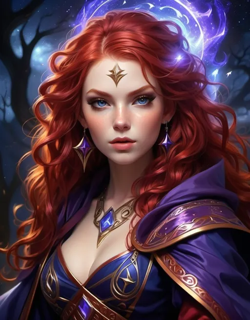 Prompt: (Mage Crimson), vibrant red hair, flowing curls, (hero of the night), enchanting and powerful expression, dressed in elaborate mage robes adorned with mystical symbols, starlit sky as the backdrop, deep shades of blue and purple to emphasize darkness, (highly detailed), captivating ambiance of hope and bravery, ready to confront dark magic, (ultra-detailed), fierce and determined posture, magical staff in hand, shining aura of light surrounding her.