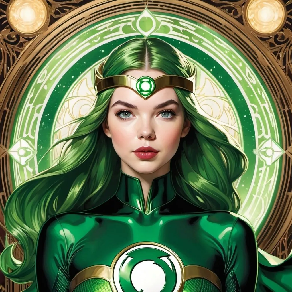 Prompt: Anya Taylor-Joy as Green Lantern by Alphonse Mucha