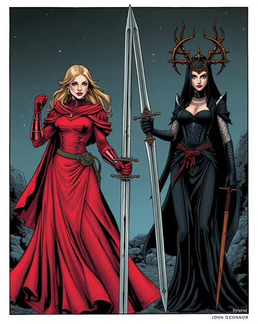 Prompt: Lady Knight a woman in a red dress and The Goddess Of Rust a woman in a black dress are standing next to each other with swords, a comic book panel by John O'Connor detailed, dark colors, dramatic, graphic novel illustration,  2d shaded retro comic book