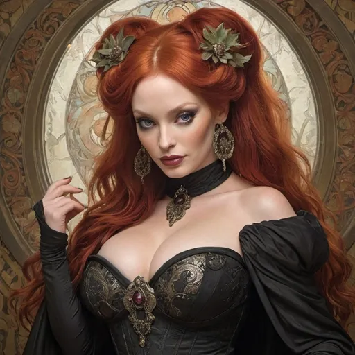 Prompt: Christina Hendricks as Madelyne Pryor The Goblin Queen by Alphonse Mucha 