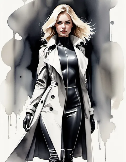 Prompt: Halo Jones, a beautiful, blonde, well endowed young woman wearing a mix of modern and futuristic spandex clothing with a long trench coat