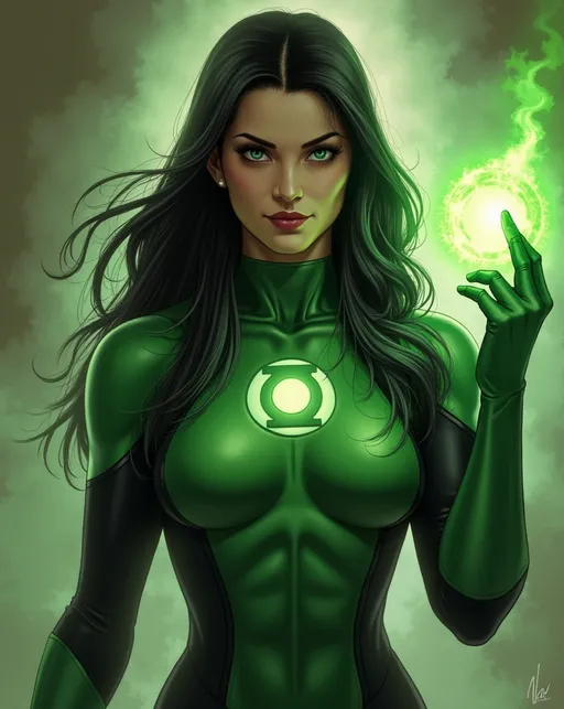 Prompt: Kat Dennings as Jessica Cruz Green Lantern by Alphonse Mucha