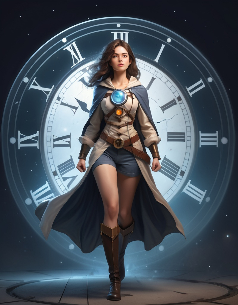 Prompt: A beautiful young time travelling female hero called Mother Time, full body pose