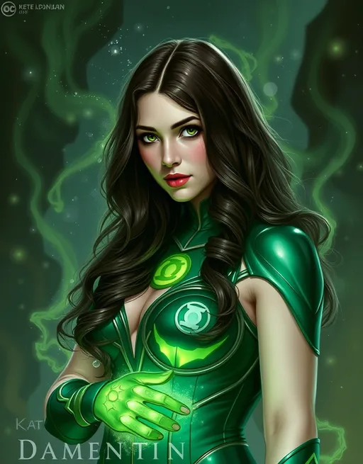 Prompt: Kat Dennings as Green Lantern by Alphonse Mucha