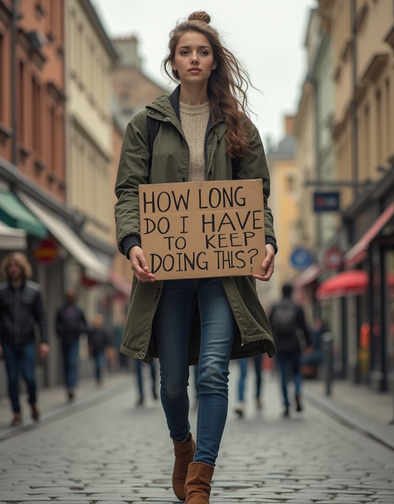 Prompt: Tall young woman walking down the high street, detailed clothing, realistic, natural lighting, carrying a sign that reads "HOW LONG DO I HAVE TO KEEP DOING THIS?"