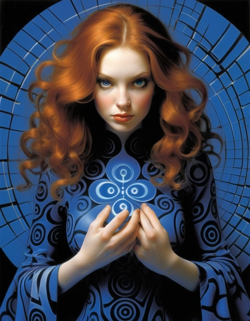 Prompt: Julia Dream, the sorceress hero known as Illusion Girl, beautiful, well endowed, auburn hair, curls, royal blue  op art patterns, spell casting by Dave McKean