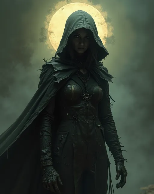 Prompt: Cloaked night time vigilante hero, The Tattered Woman, beautiful, full body costume of patches and rags, a halo of shadows behind her by Dave McKean