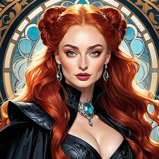 Prompt: Sophie Turner as Madelyne Pryor The Goblin Queen by Alphonse Mucha 