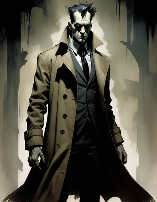 Prompt: Frankeinstein, tall, handsome, genius level gothic horror superhero man-monster in a trench coat by Dave McKean